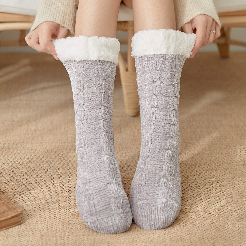 Dames Leuke Casual Dikke Warme Winter Antislip Vloer Sokken Vrouwen Gebreide Acryl Fleece Antislip Thermische Indoor Slaapkamer Crew sok: Style 2 light gray