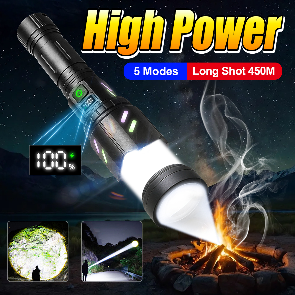 Ultra leistungsstarke Lampe mit 5 Modi, wiederaufladbare Super-Hochleistungs-LED-Taschenlampe, Outdoor-Laterne, Camping-Taschenlampen, kann Feuer machen