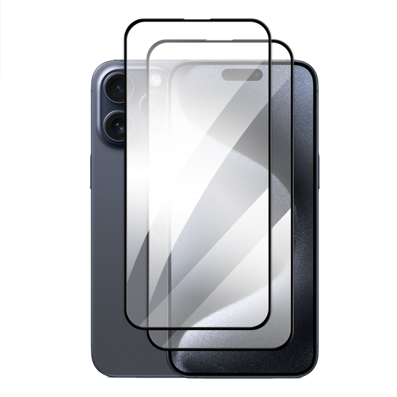 Protector de pantalla de vidrio templado para iPhone 15 Pro Max, película de lente, pegamento de cubierta completa, 2.5D: Azul marino / paquete 3