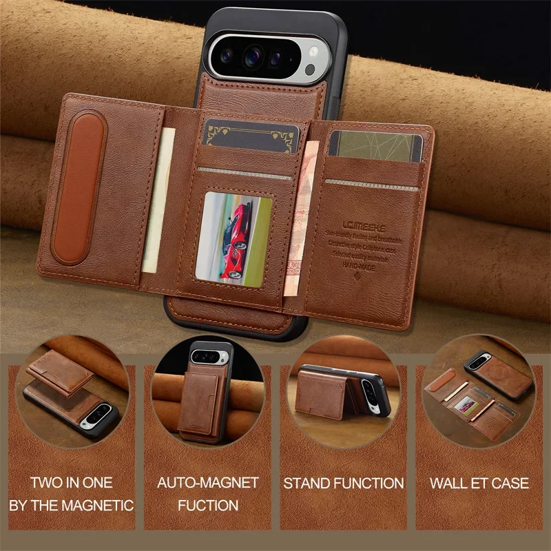 MagSafe Magnetic Flip Leather Phone Case for Google Pixel 9 Pro XL 8 7 8A 7A Detachable Wallet Card Pocket Back Cover Cpque Etui