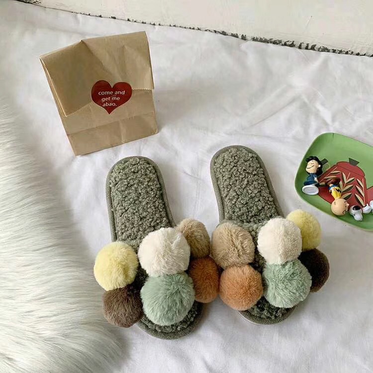 Pantuflas De felpa bonitas De invierno, pantuflas De Interior para el hogar, Zapatos cálidos para Mujer, Zapatillas De casa con pompones y bolas, Zapatos De piel para Mujer: 2 / 40-41