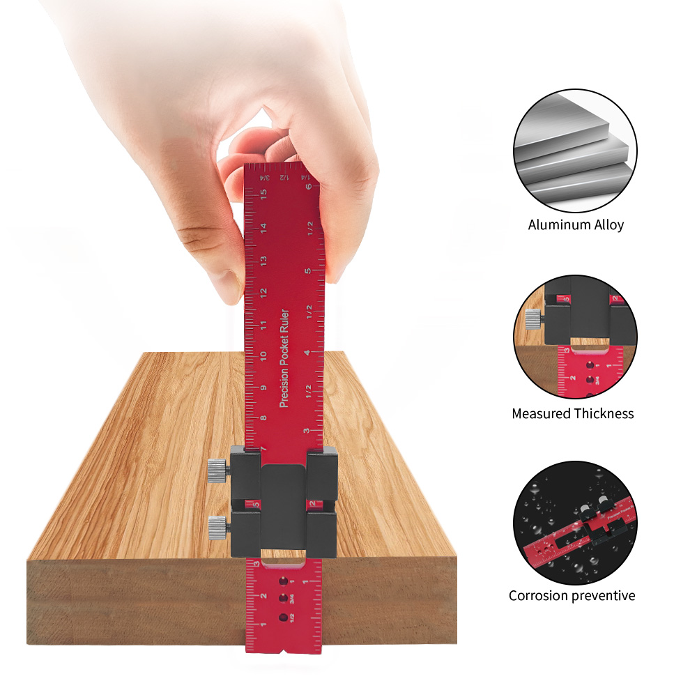 Houtbewerkingsgereedschap Liniaal-Pocket Liniaal Lay-Out Tool Aluminium Precisie Liniaal Met T-Track Metalen Schuifstops, Inch En Metrische Schaal