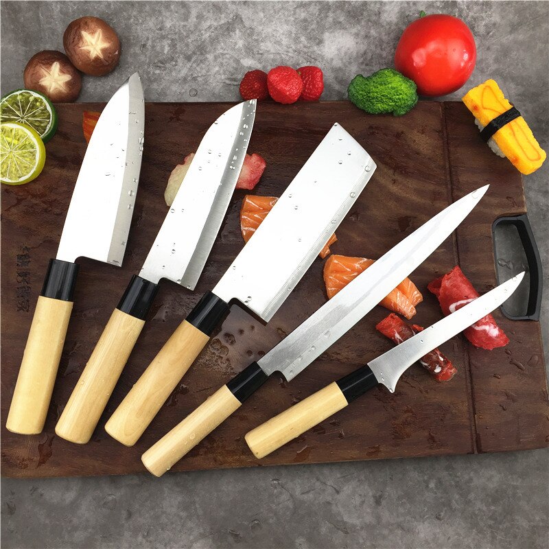 Japanese Chef Knives Set Fish Sashimi Santoku Boning Knife Stainlesss Steel Meat Cleaver Wood Handle Kitchen Knife: 5PCS Set
