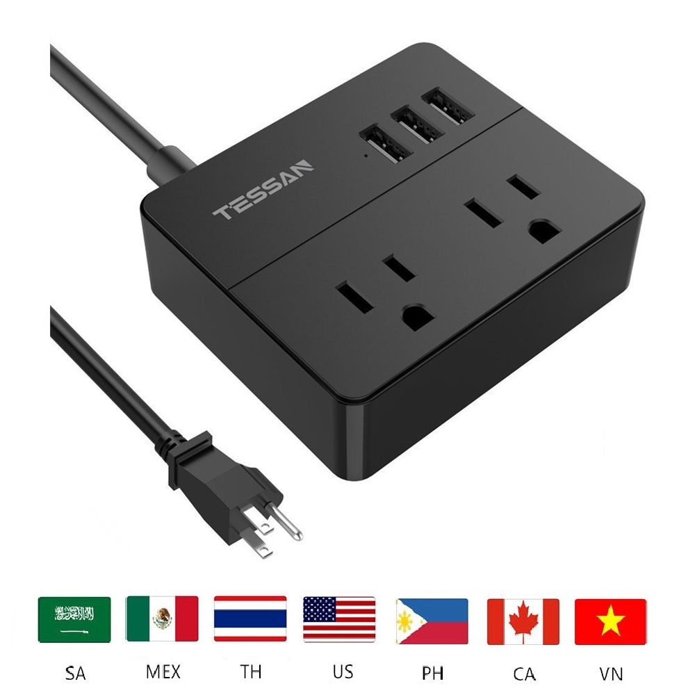 TESSAN 2 AC Outlet Travel Mini Power Strip met 3 USB Poorten Laadstation Verlengsnoer Socket VS Plug voor ONS Stopcontact