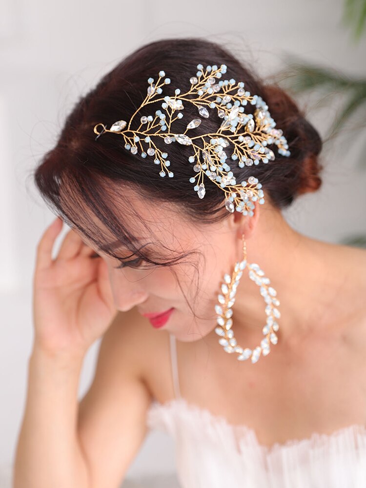 Ensemble de bijoux de mariage dorés Vintage, bandeaux et boucles d'oreilles, accessoires pour cheveux en cristal faits à la main, accessoires pour cheveux diadème de mariée: Or