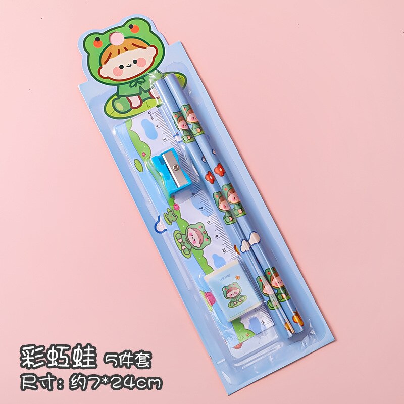 5 In 1 Cartoon Stationery Set Students Learn Pencil Sharpener Eraser Ruler School Drawing Tool Sketch Supplies Kindergarten: Frog