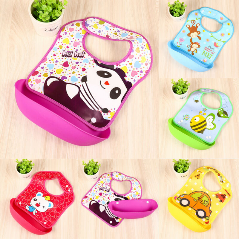 Cute Cartoon Waterproof Baby Soft Silicone Bibs Feeding bib Kids Roll up Food Catcher Pocket