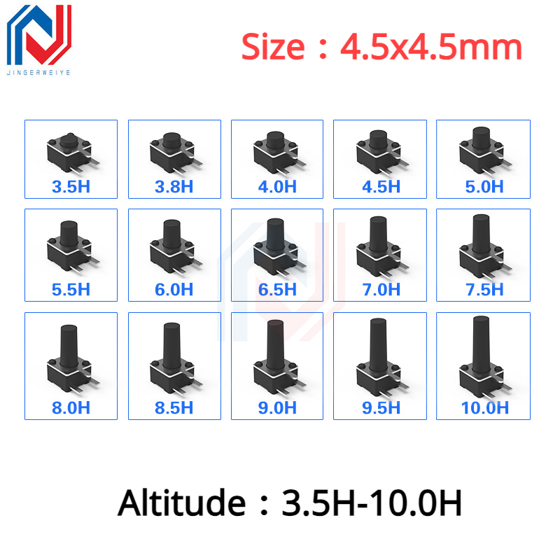 20 stk. størrelse 4.5 x 4.5mm touch-afbryder 4.5*4.5*3.5-10mm- sidet trebenet dip-sidestik vandret knap printkortpanel tastatur knapafbryder