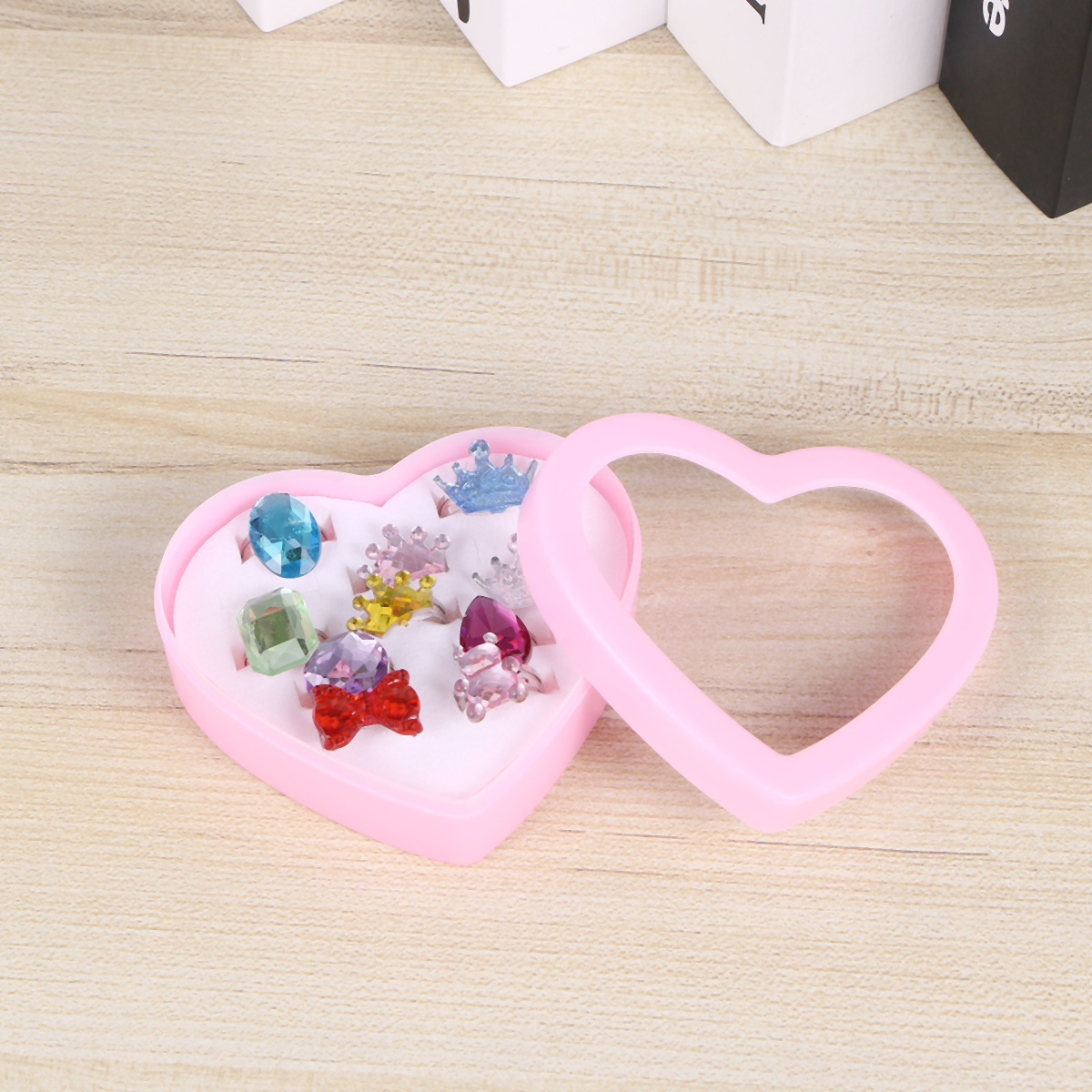 10 acryl-diamantringe in herzform, verpackt in einer schachtel, #39 -diamantringe für mädchen