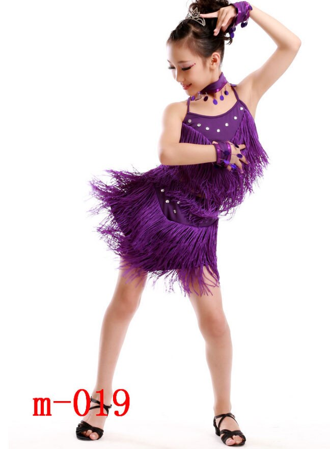 Children Sequined Latin Dance Dress Girl Salsa Stage wear Tassels Dancing Costume Kids Skating Dance Dress Gymnastics Costumes: Purple / 130