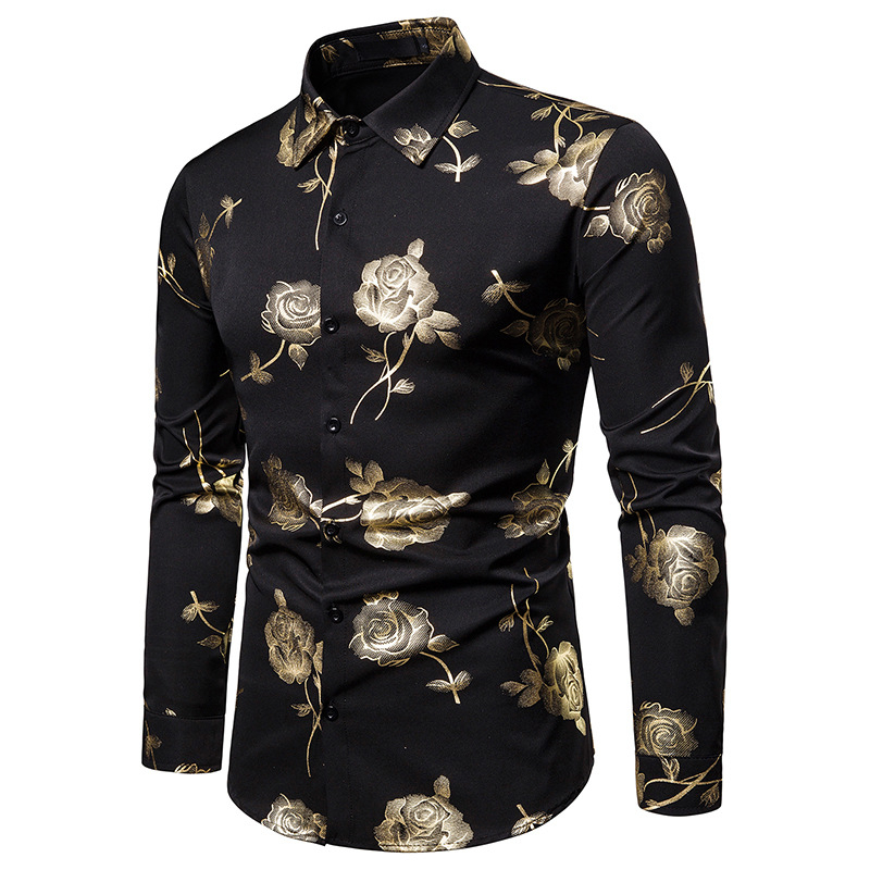 Blommiga skjortor för män manlig slim fit långärmad skjorta män svart vit blomtryck business casual skjortor s -2xl