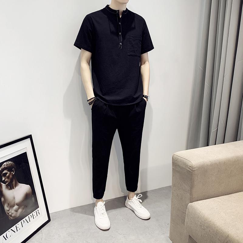 Weiß Schwarz Mandarin Kragen Han Chinesische Kleidung Für Herren 2 Pce setzt Sport Orient Bluse Und Hosen Shanghai Kostüm männer: Schwarz / Größe XL  66 zu 72kg