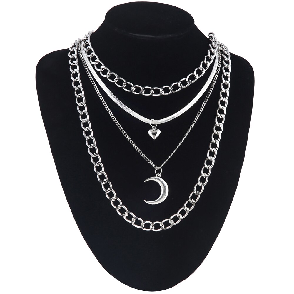 4pcs/set Layer moon pendant necklace chains necklace heart gothic necklace women female chocker neck goth jewelry: Default Title