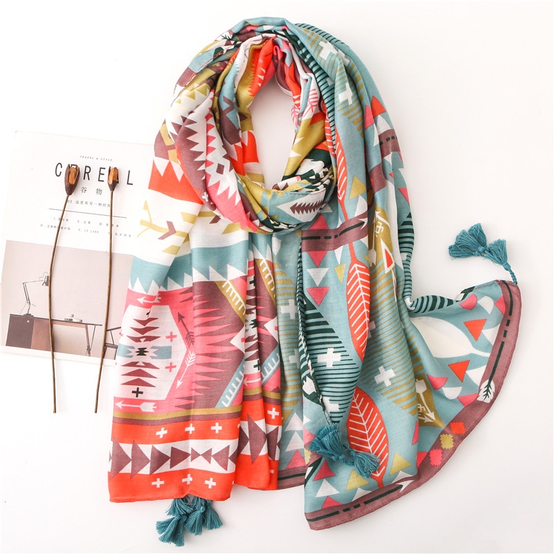 Kvinner aztec geometrisk dusk viskose sjal skjerf spania luksustrykk myk innpakning pashmina stjal foulards muslimske hijab sjaal