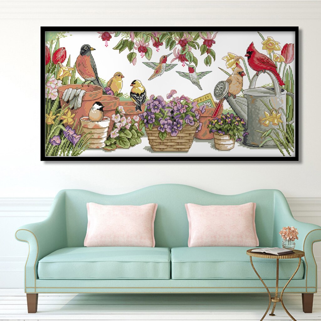 Birds &amp; Flower Pattern Stamped Cross Stitch Kits for Beginners Handmade Crafts