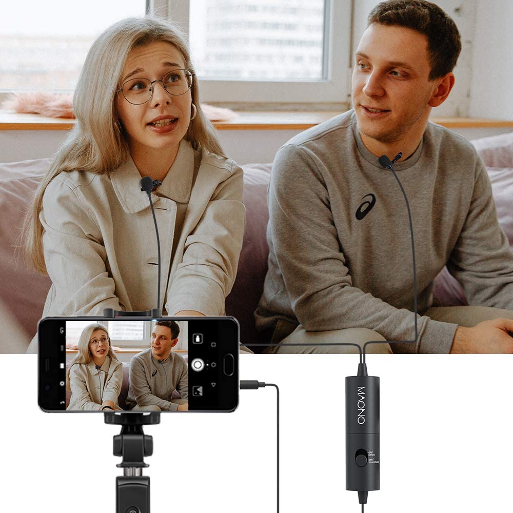 MAONO Dual Lavalier Microphone HandsFree Clip-on Lapel Microphone Mini Collar Condenser Mic for Camera DSLR Phone PC Laptop