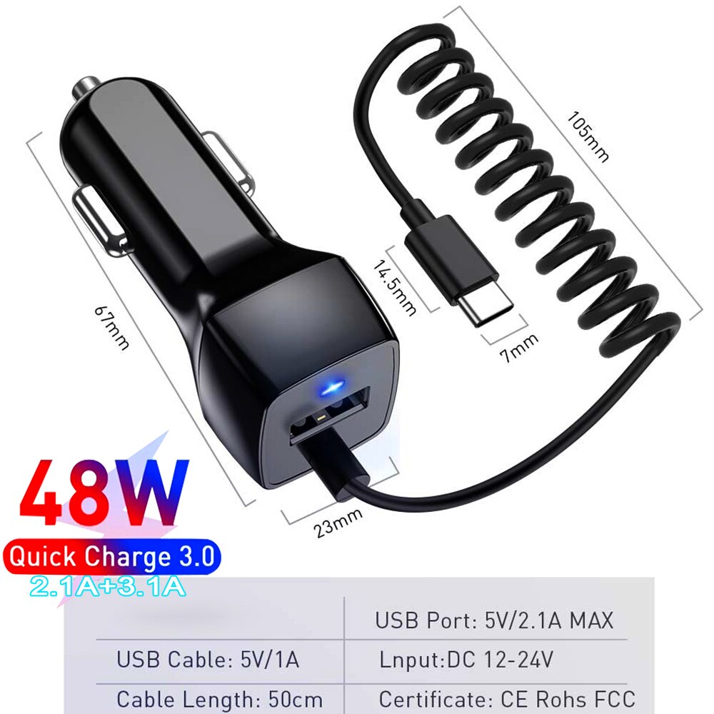 48W Usb Snelle Autolader Stretch Kabel Adapter Voor IPhone13 12 11 Pro Max Samsung Galaxy Note20 Android Type-C Auto-oplader