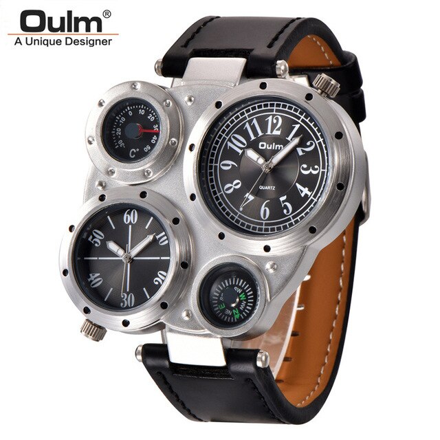 Oulm 9415 Mannen Horloges Twee Tijdzone Sport Quartz Mannen Horloge Kompas Decoratie Mannelijke Lederen Horloge: black