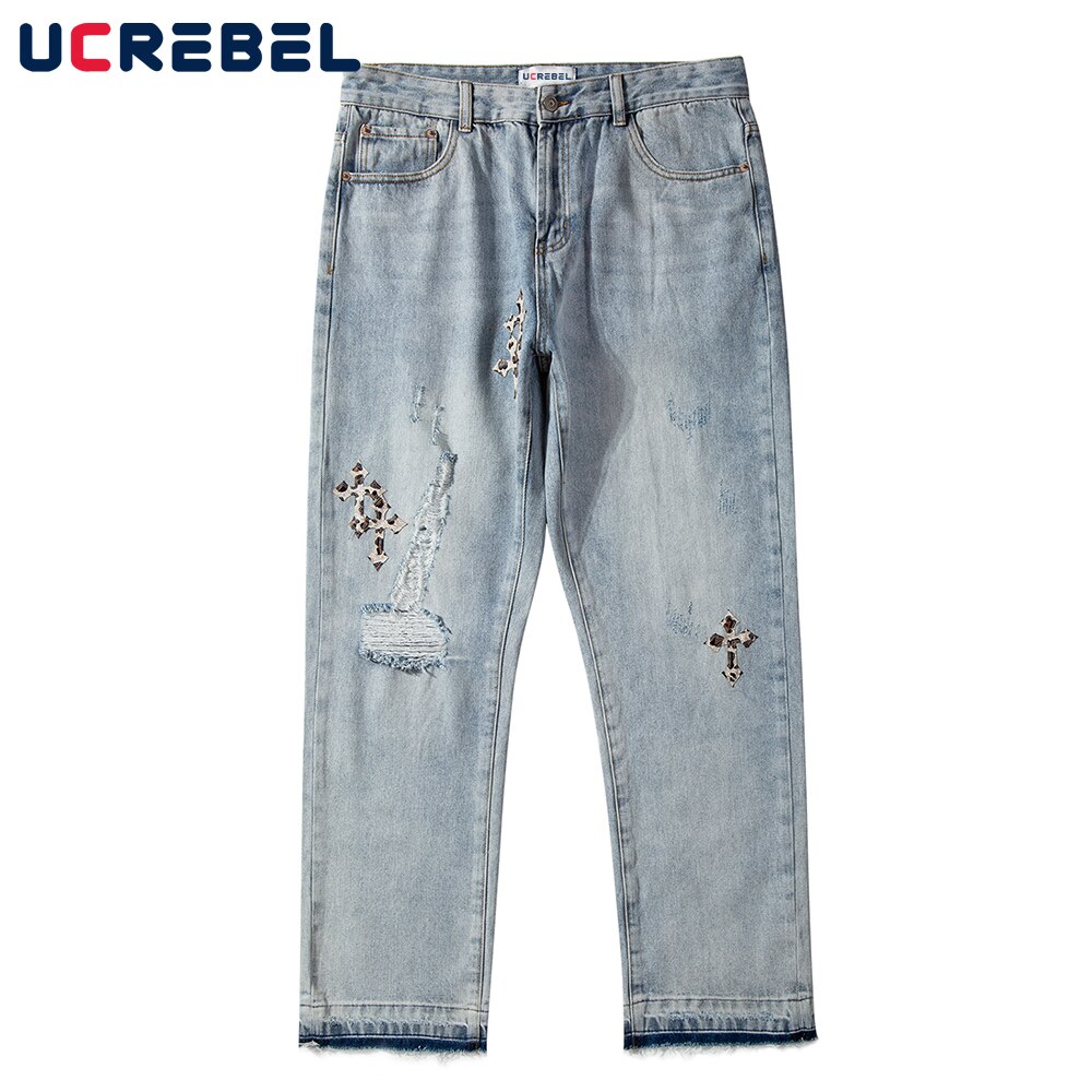 Cross Patch Borduren Ripped Gat Jeans Heren High Street Casual Denim Broek Verontruste Losse Rechte Pijpen Broek Mannen