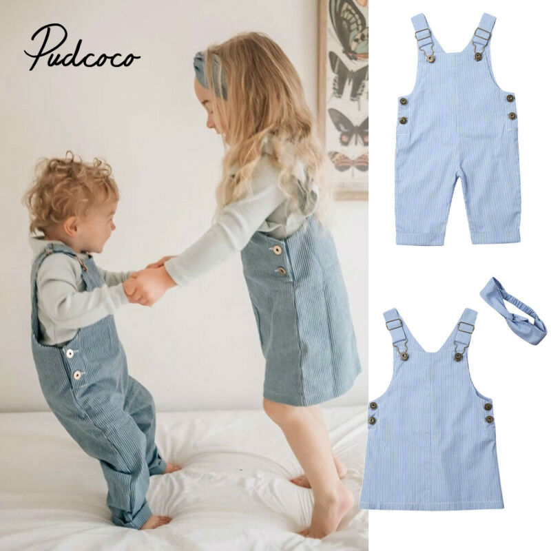 Pudcoco forår efterår sød stribet baby børn drenge piger småbørn denim jeans overalls kjole nederdel tøj 0-24 måneder