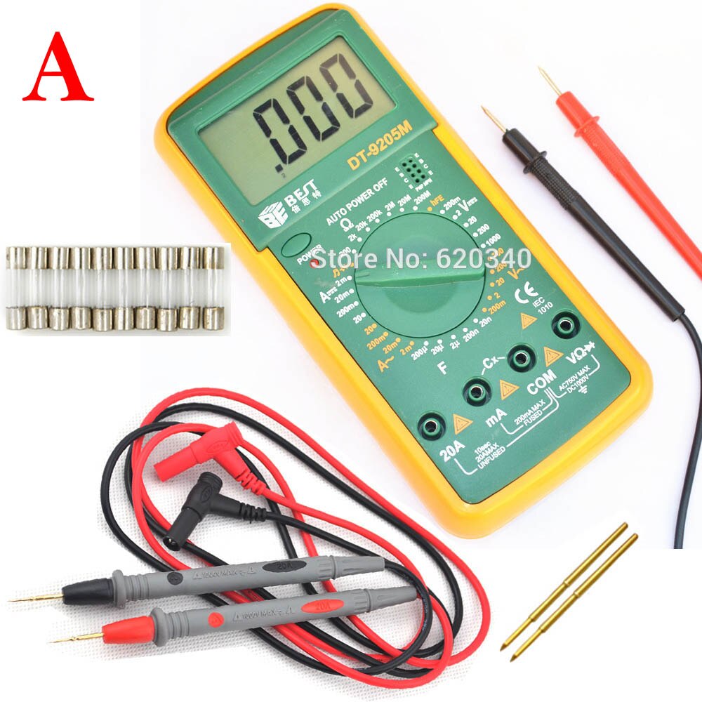 BEST DT9205M LCD Digital Multimeter Voltmeter Ohmmeter Ammeter Capacitance Tester + Glass Fuses + Probe Wire Pen Cable + Probe: A