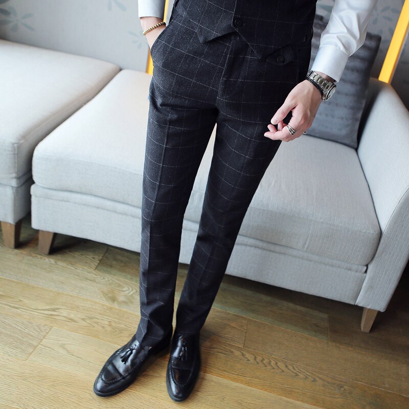 Men plaid Cotton Solid Color Business Suit Pants /Male slim Groom Wedding Dress Suit Pants Mens Trousers 29-35