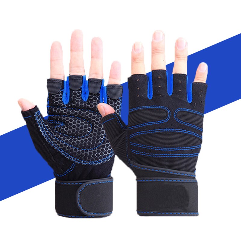 Weightlifting Gloves Men Women Gym Gloves with Wrist Wrap Support Body Building Fitness Exercise Crossfit Half Finger Gloves: Sapphire / M