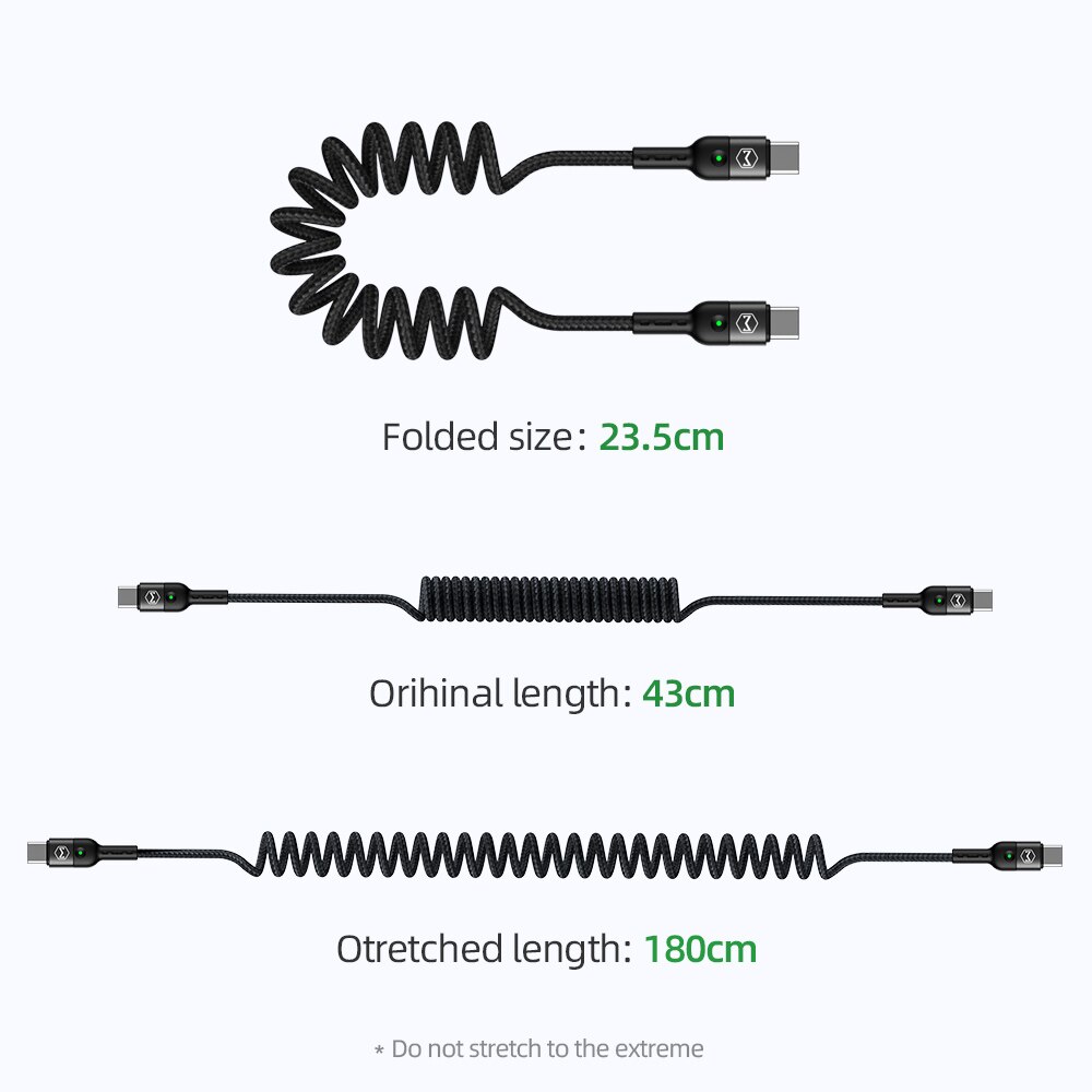 Mcdodo Retrátil Primavera Carro USB C para Tipo C Cabo USB para Xiaomi Redmi QC4.0 PD 60W Carregamento Rápido para MacBook Pro Cabo de Carga