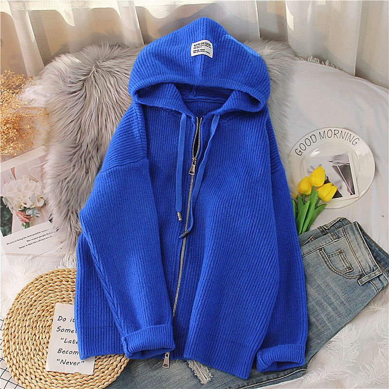 2025 primavera nova moda temperamento grosso cor sólida com capuz malha cardigan casaco com zíper camisola feminina solta topo grosso roupas femininas: XXL / CÉU AZUL