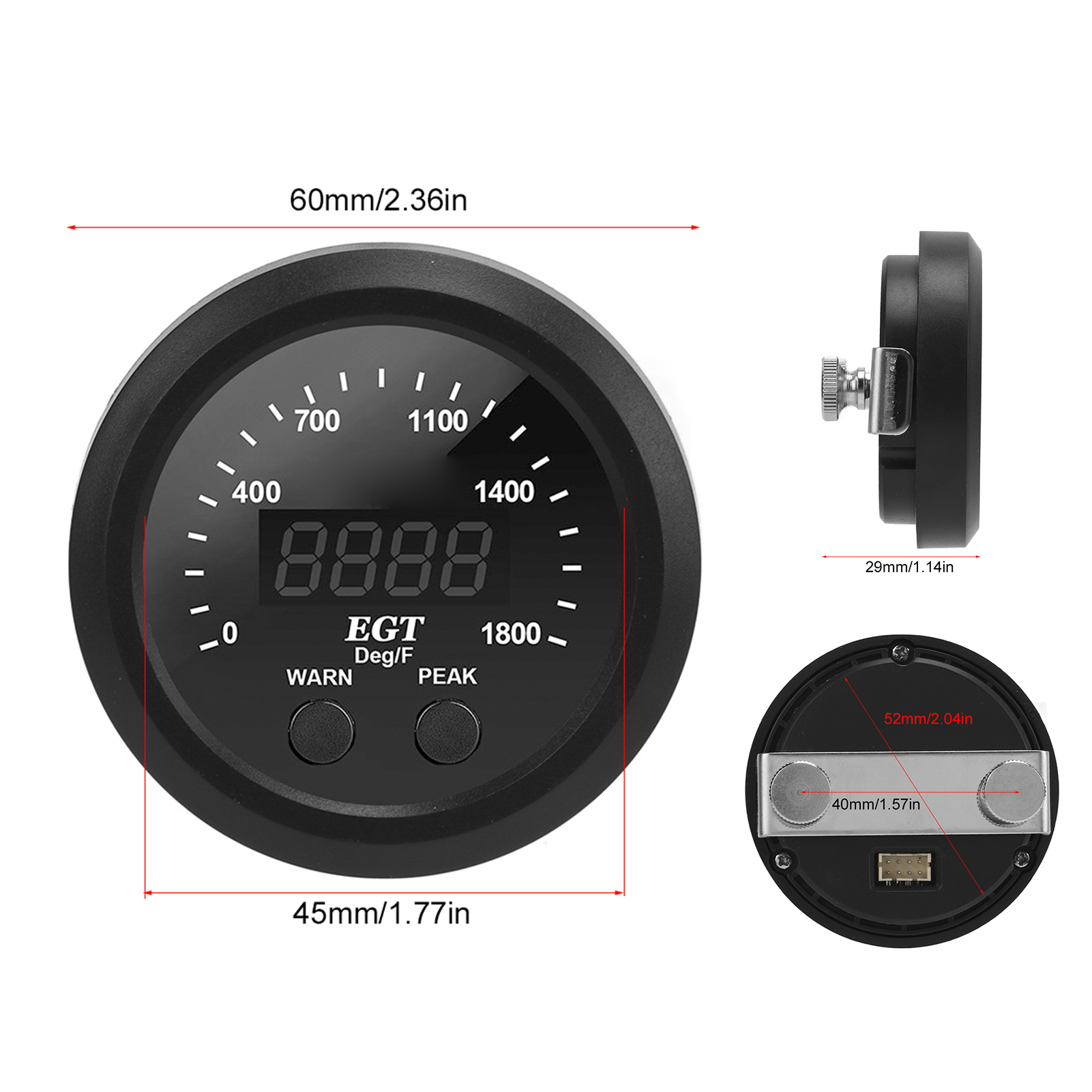 EGT Meter Car Exhaust Gas Temperature Gauge 2‑1/16in 52mm Ultra Thin 0‑1800℉ Red LED Universal with Sensor