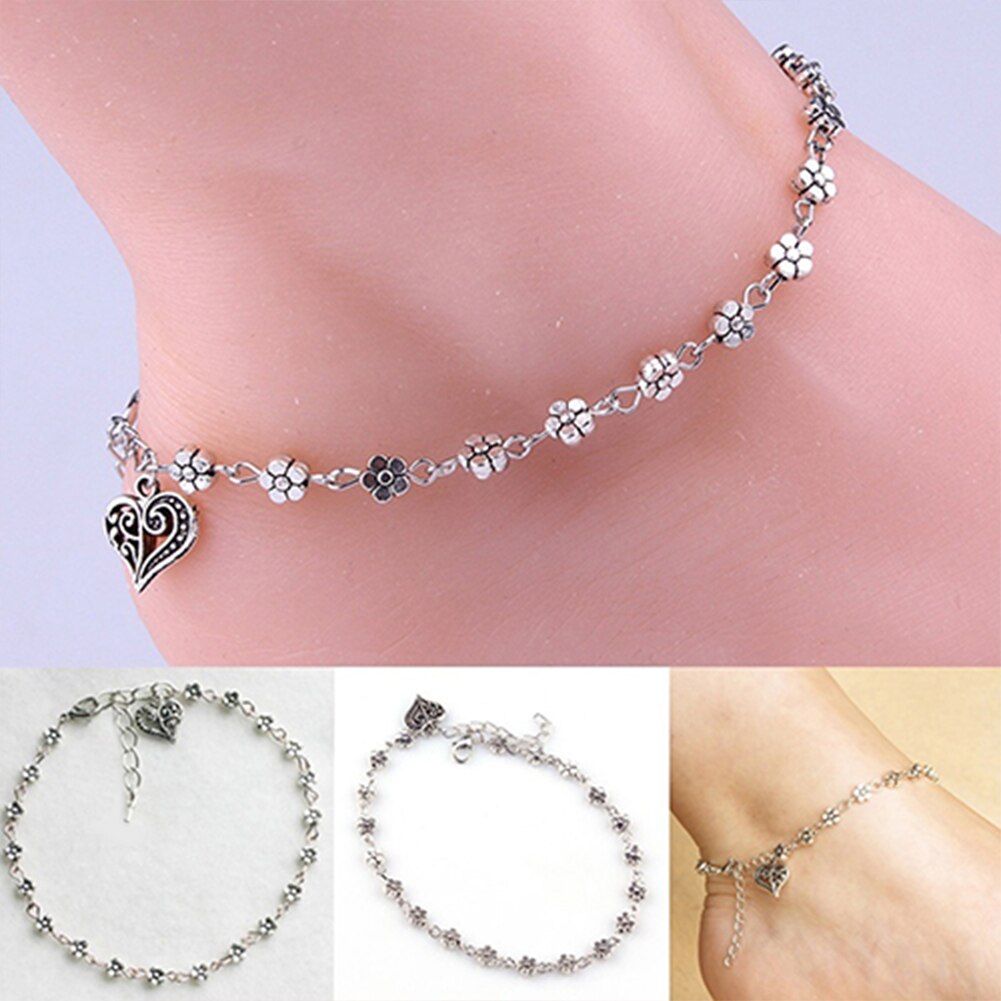 Mujer Retro corazón flores sandalia descalza playa cadena para tobillo, pie joyería pulsera en la pierna pulsera tobillos joyería