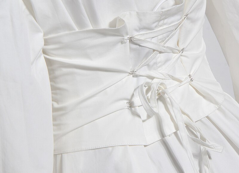 [EAM] Women White Big Size Bandage Pleated Shirt Dress Lapel Long Sleeve Loose Fit Tide Spring Summer 1T922