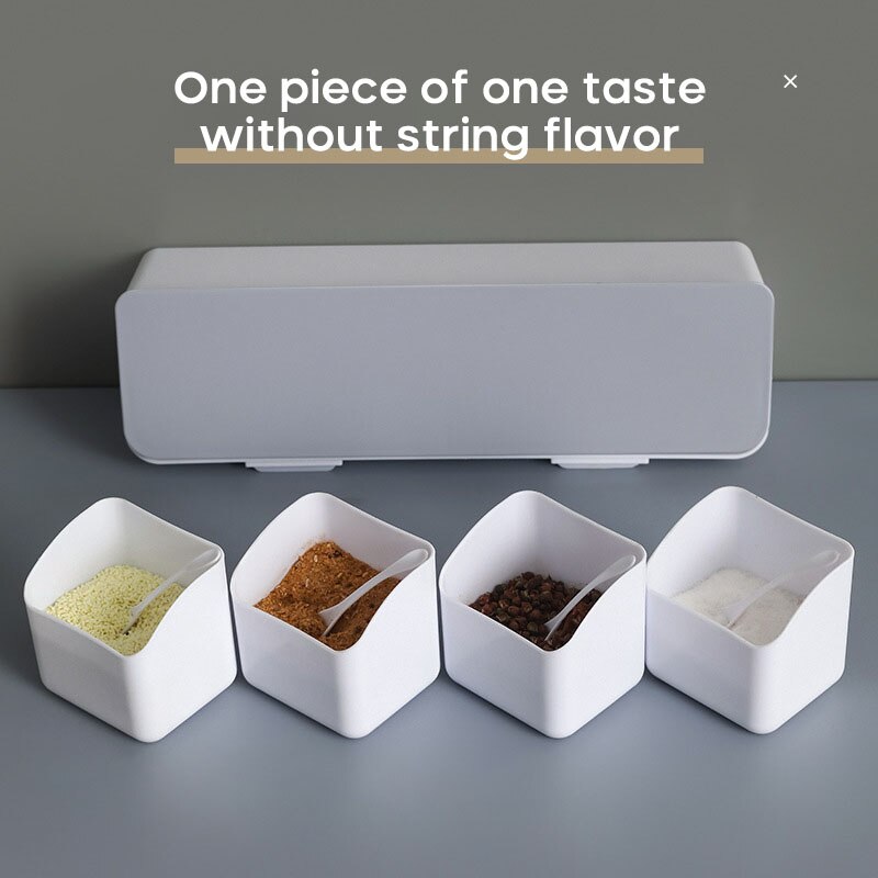 4 Squares Salt Box Spices Box Set Seasoning Container Case With Spoon Waterproof Space-saving Salt Organizer Kitchen Utensils