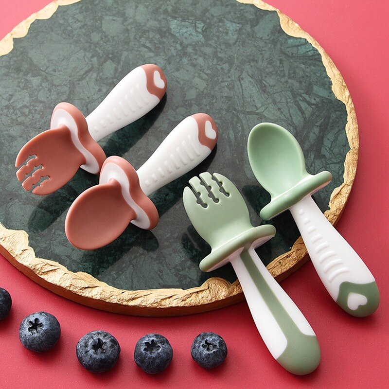 Cuchara y tenedor de cabeza suave para entrenamiento de bebé, juego de tenedor cuchara sin BPA