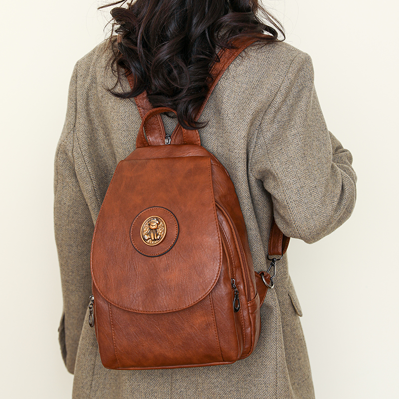 Zachte leren rugzak voor dames, modieuze kleine rugzak, borsttas, retro casual, multifunctionele schoudertas.