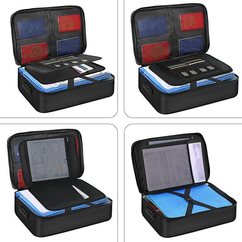 Organizer Bag Fireproof Document Bag with Lock Portable Filing Storage Box Holder for Document File Passport Certificate