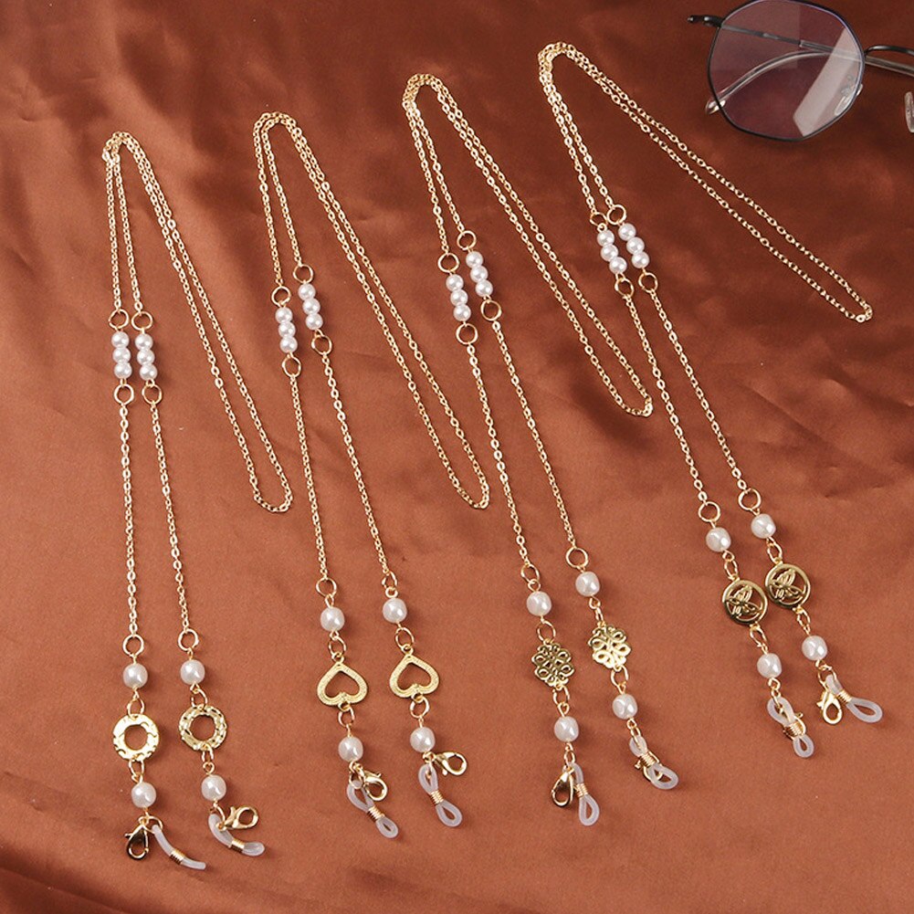 Elegante óculos de sol corrente para mulher pérola coração borboleta pingente anti-deslizamento óculos correntes cordão ouro pendurar pescoço eyewear encantos