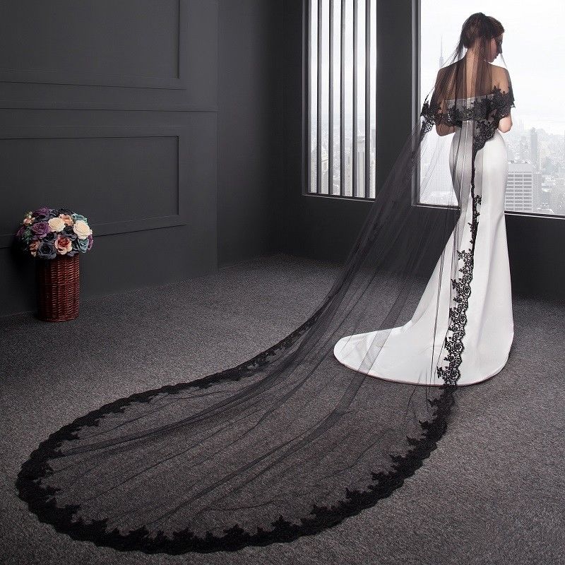 Voile de mariée en dentelle noire à deux couches, 2020x300 CM, Long voile de mariée avec peigne, à la , 150