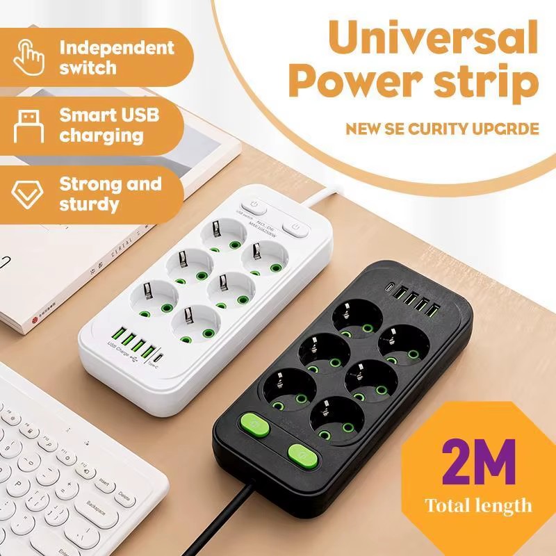 EU-stekker AC-uitgangen Multitap-aansluiting 2M verlengsnoer elektrische stekkerdoos met USB Type C snel opladen netwerkfilteradapter