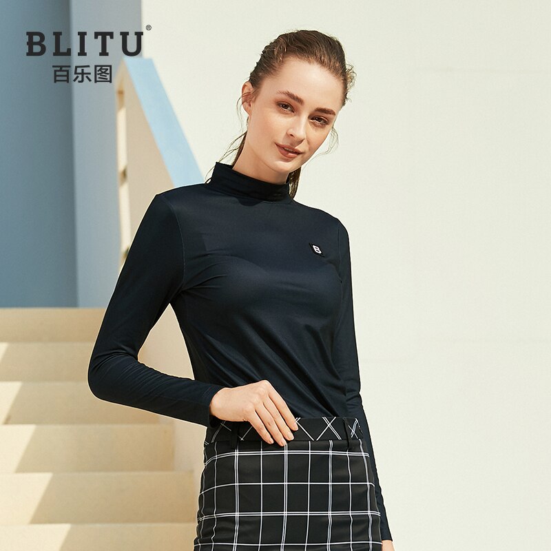 Golftøj dame langærmet t-shirt forår slim bundtøj stretch højhalset damesportstøj: Blå / Xl