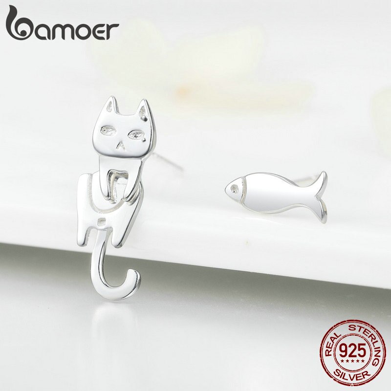 BAMOER Genuine 925 Sterling Silver Fish And Cat Simple Line Stud Earrings for Women Authentic Silver Jewelry SCE488