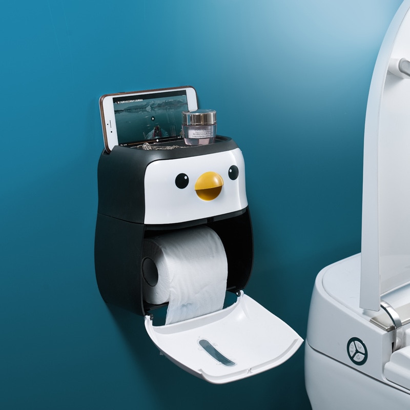Waterproof Wall Mount Toilet Paper Holder Shelf Penguin Toilet Paper Tray Roll Paper Tube Storage Box Tray Tissue Box