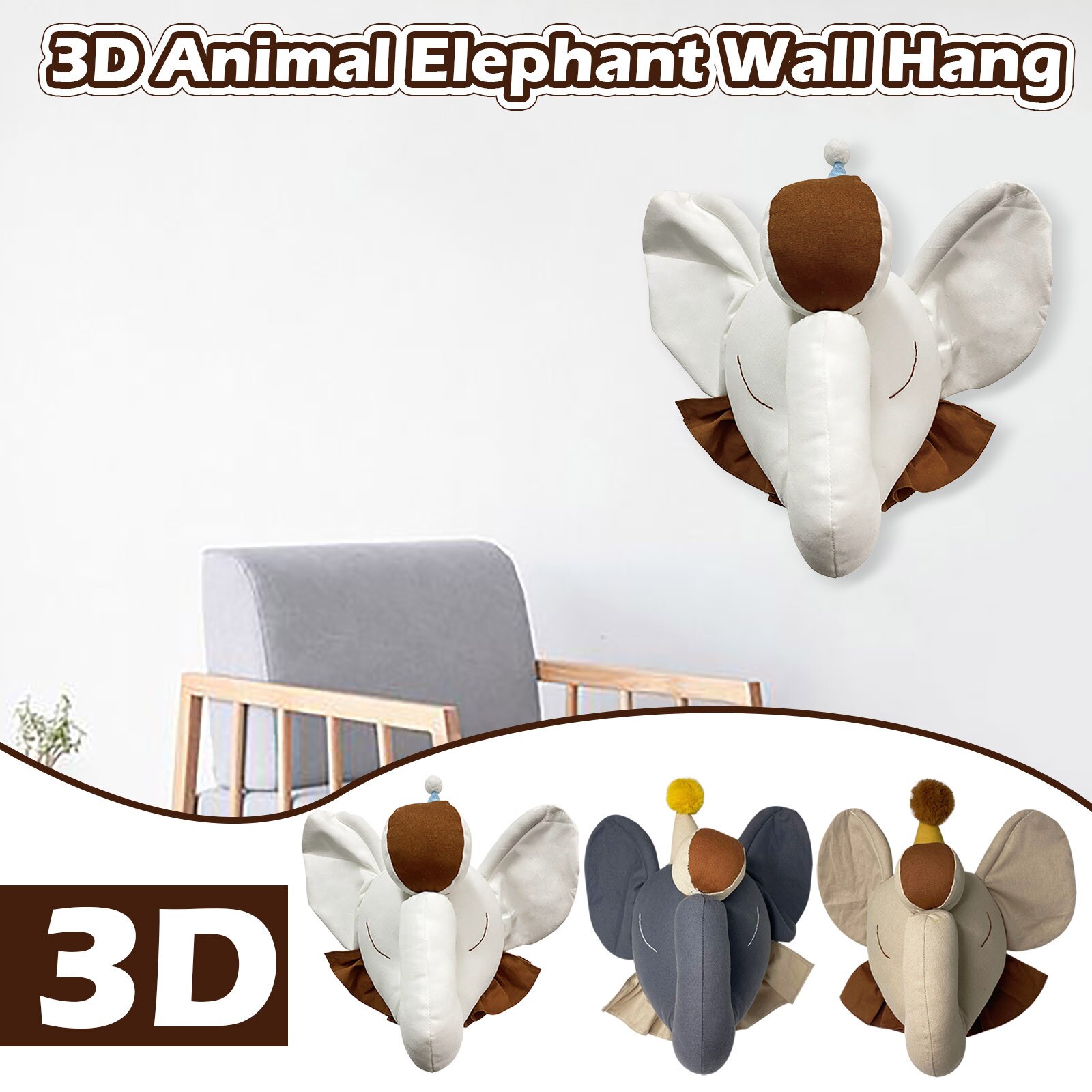 3D dessin animé Animal tête décoration en peluche éléphant jouet enfants chambre ornement jouet mural pour enfants chambre décor