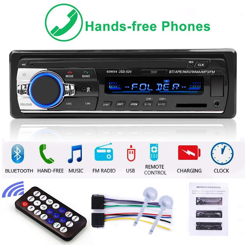 Autoradio stéréo numérique, Bluetooth JSD-520, 1 Din, lecteur MP3, 4x60W, Audio FM, récepteur de musique, USB/SD, avec entrée AUX au tableau de bord