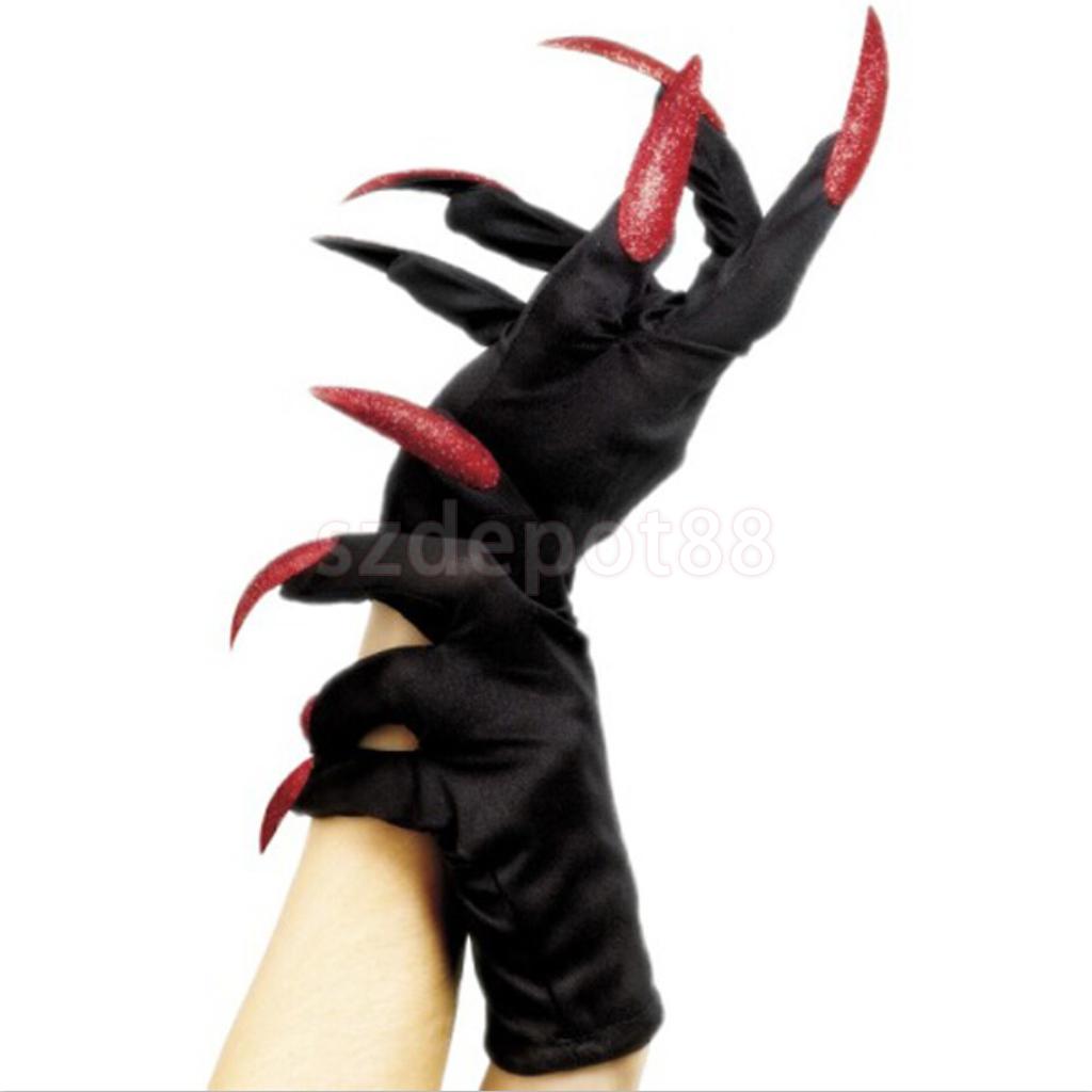 Scary Vrouw Handschoenen Met Lange Rode Glitter Vingernagels Halloween Carnaval Party Fancy Dress Constume
