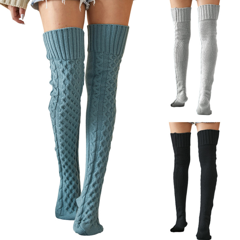 Vrouwelijke Gebreide Kous, Dames Effen Kleur Knie-Hoge Sokken Lange Buis Sokken Voor Herfst Winter, blauw/Zwart/Grijs
