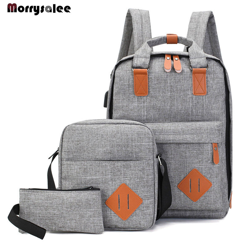 HLDAFA 3Sets Mannen Rugzak Tas Mannelijke Polyester Laptop Rugzak Computer Zakken High School Student Studenten USB Opladen: gray