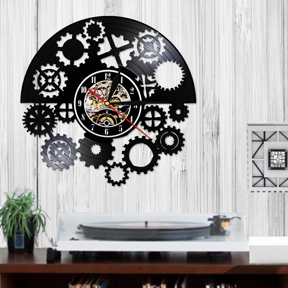 Reloj de pared gótico Steampunk, dispositivo de grabación de vinilo negro LP, arte de pared Vintage Tribal, reloj de máquina