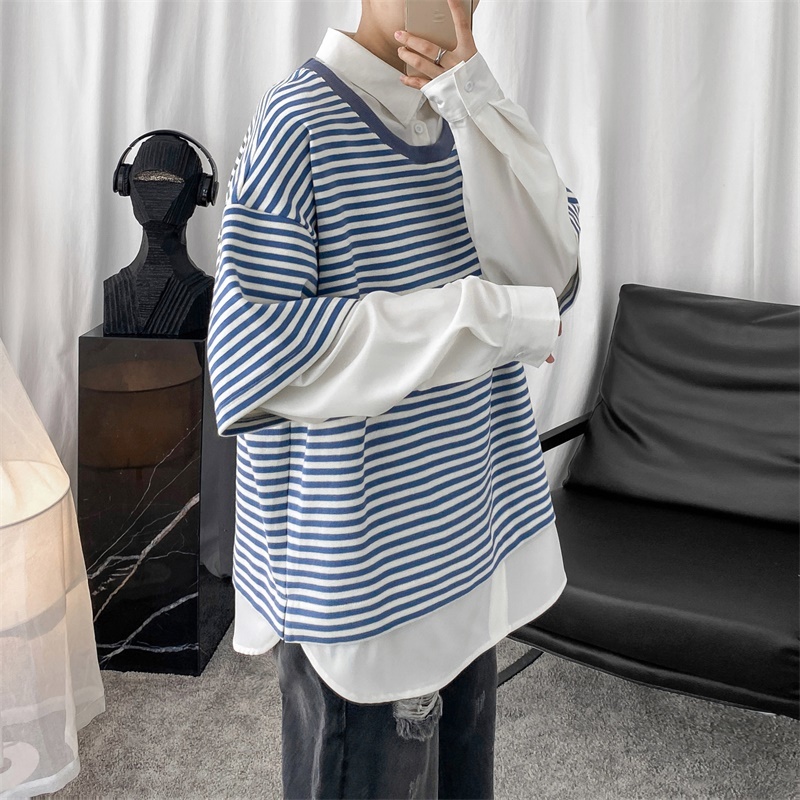 Hommes orthographe couleur rayure manteaux faux deux pièces Patchwork chemise hawaïenne manchette française hommes chemises Camisa Masculina: blue / L