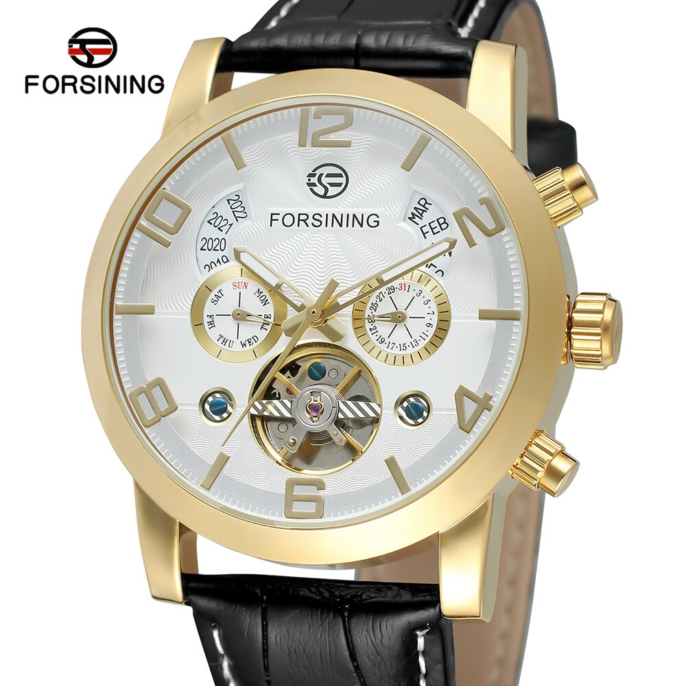 Forsining Mode Mannen Horloges Klok Band Noctilucent Mechanische Beweging Automatische Sport Business Analoge Dial Polshorloge: Gold White